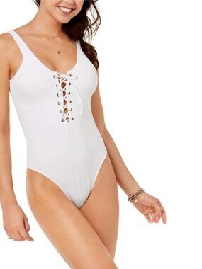 California Waves One-Piece Ribbed Laced Up Front High Cut Swimsuit White L NWT